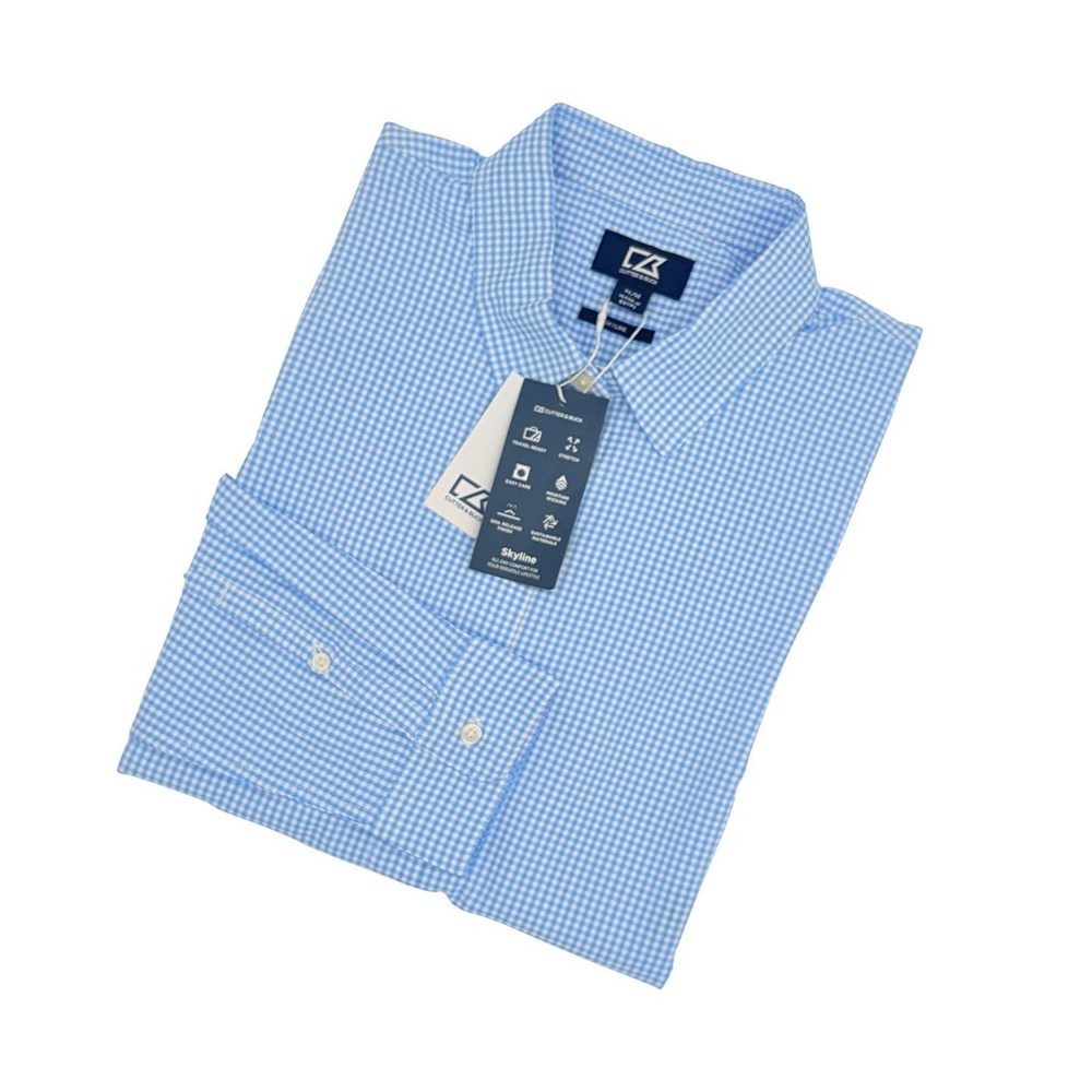 Cutter & Buck Skyline Eco Gingham LS Dress Shirt Blue White Mens Medium‎ NWT